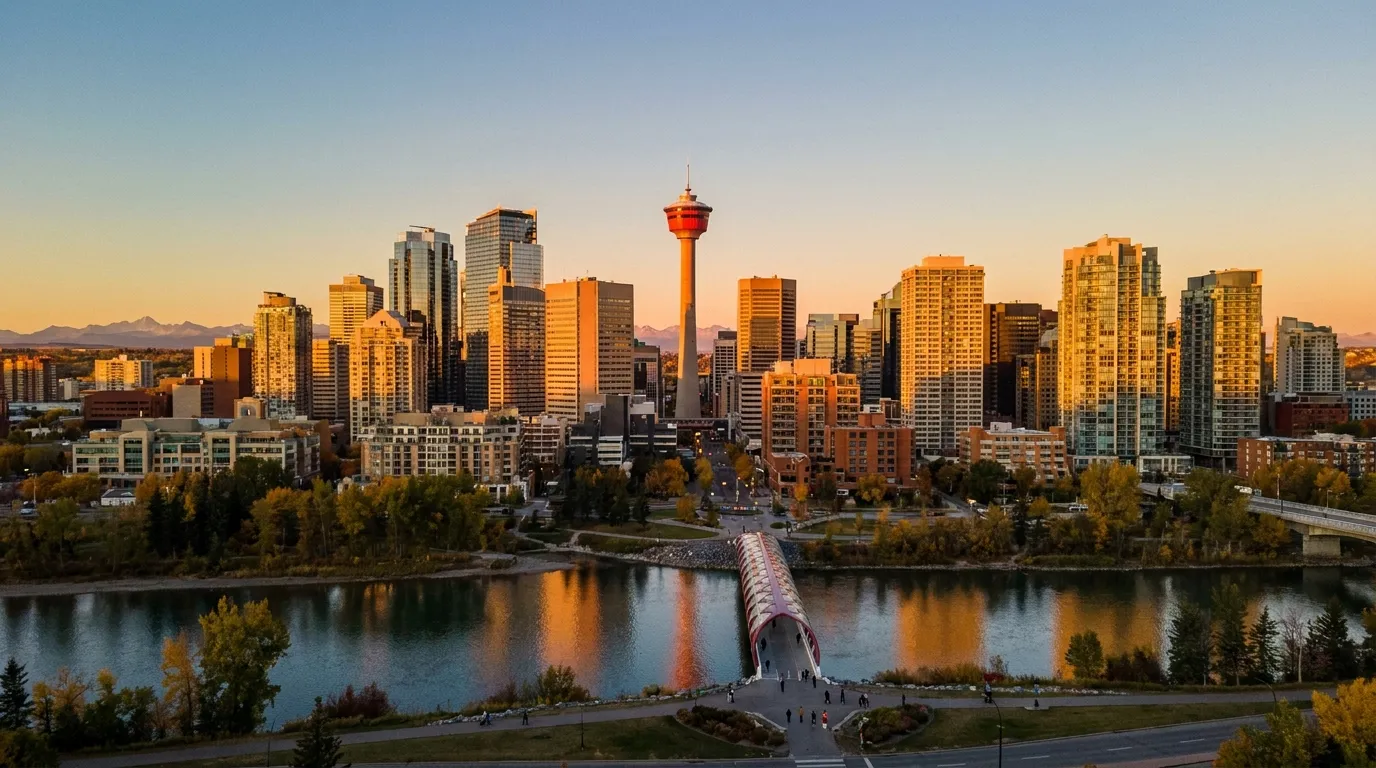 Downtown Calgary skyline at golden hour with the Calgary Tower, the Rockies and the Bow River